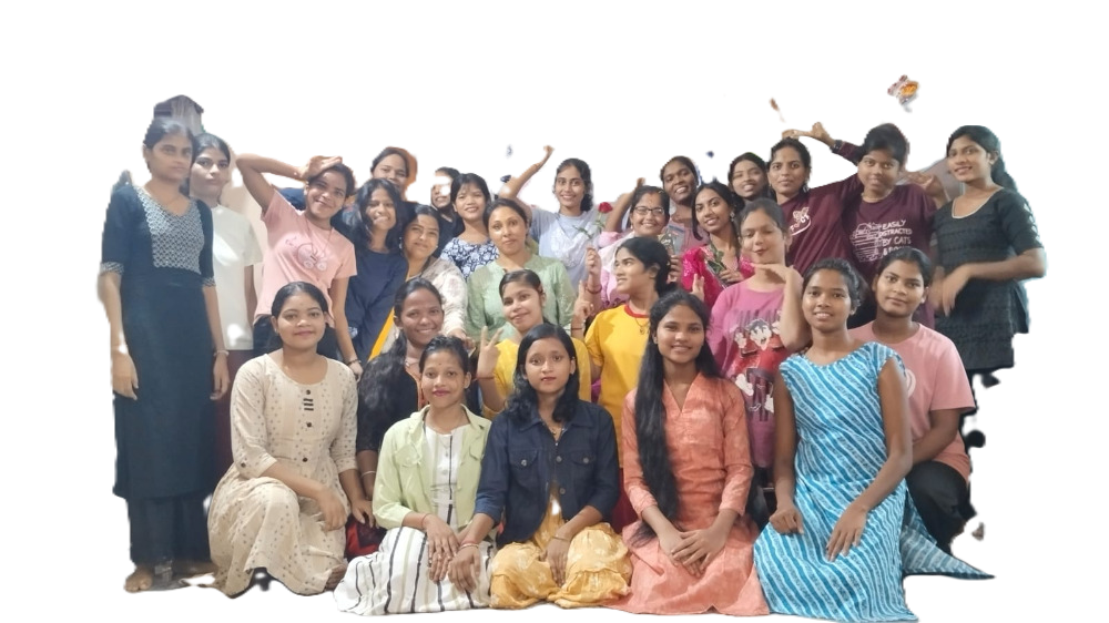 A large group of young women posing happily together.