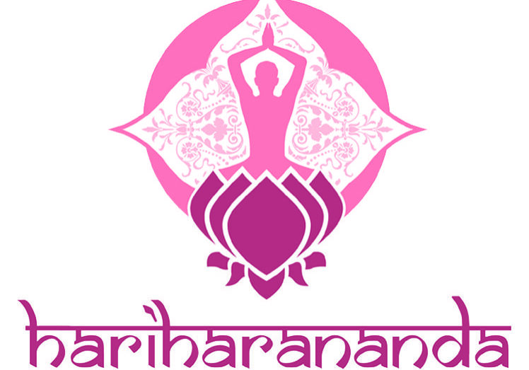 A pink logo with a person doing yoga.