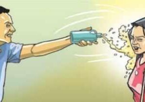 A cartoon of someone spraying something with an object.